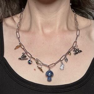 Handmade necklace blue aventurine mushroom  with nature frog dragonfly owl